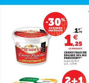 THRESTOE Ner  SAIT  PRESIDENT  Crème Fraiche Gontonomij  Excellente in cad45  -30%  DE REMISE IMMEDIATE  LE PRODUIT  CREME FRAICHE EPAISSE 30% MG PRESIDENT Le pot de 45 cl Le L: 2,78 €  €  1,25  