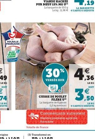 VOLAILLE FRANÇAISE  BLEU BLANC COEUR  VIANDE HACHÉE PUR BŒUF 15% MG U La barquette de 500 g Le kg: 11,98 €  CUISSE DE POULET FILERE U  La barquette de 6 pièces  €  30% 436  VERSÉS SUR  (3) Transformé 