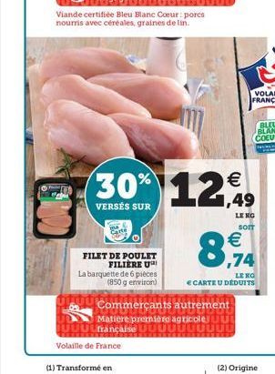 FILET DE POULET FILIÈRE U  La barquette de 6 pièces  (850 g environ)  JUUULfrançaise  Volaille de France  (1) Transformé en  Viande certifiée Bleu Blanc Coeur: porcs nourris avec céréales, graines de 