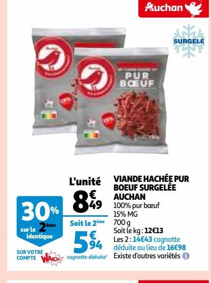 VIANDE HACHÉE PUR BOEUF SURGELÉE AUCHAN 