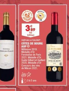 CHETEL  DE CAL  399  75 INCL  CHATEAU LA TUILERIE  CÔTES DE BOURG ADPO Millésime 2019. Médaille d'Or  Feminalise de Paris  2021, Médaille d'Or Guide Gilbert et Gaillard cores  2020. Médaille d'Or  Con