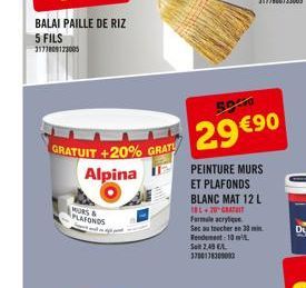 BALAI PAILLE DE RIZ 5 FILS 3177809123005  MURS & PLAFONDS  GRATUIT +20% GRATU  Alpina  50  29 €90  PEINTURE MURS  ET PLAFONDS BLANC MAT 12 L IBL+20 GRATUIT Formale acrylique Sec au toucher en 38 min. 