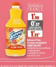 Sumpy  A Flo  Transforme en FRANCE  1.90  0:57  CO  CARTEL  1.33  Boisson àfeau de source aromatisée SUNNY DELIGHT  Acitate rida, Bucationa o Multivitamin  La boule de 1,5  Soit le litre 1124 