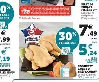 volaille de france  volaille française  commerçants autrement  matière première agricole française  7 30%  versés sur  filet de poulet filiere u  la barquette de 6 pièces (850 g environ)  €  le kg soi