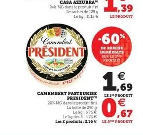 pre  camembert  président  24% mg dans le produit fini  le sachet de 125 g le kg: 11,12 €  camembert pasteurise president  -60%  de remise immediate sur le 2 produit  €  1,59  le 1¹ produit  20% mg da