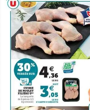 bleu blanc  € coeur 1,36  le ko soit  cuisse  3,05  de poulet filiere u  la barquette de 6 pièces (15  kg environ) € carte u déduits  30%  versés sur 