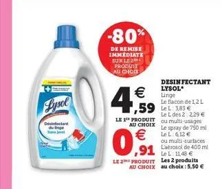 lysol  desinfectant du linge sanjvel  -80%  de remise immediate sur le 2 produit au choix  €  4,559  le 1 produit au choix €  0,91  le 2 produit au choix  desinfectant lysol linge le flacon de 1,2 l  