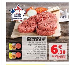 059  VIANDE BOVINE FRANÇAISE  BURGER DU CHEF 15% MG SOCOPA Nature ou goût grillé Préparation à environ 75% de viande bovine hachée avec fibres végétales La barquette de 6 pièces (650 gl Le kg 9,69 €  