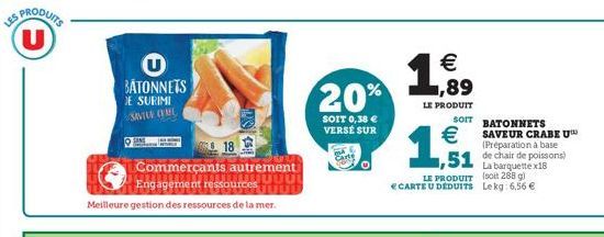 U  BATONNETS DE SURIMI SAVILE CHE  18  Commerçants autrement Uuuu  Engagement ressources  Meilleure gestion des ressources de la mer.  20%  SOIT 0,38 € VERSÉ SUR  Carte  €  1,89  LE PRODUIT  €  SOIT B