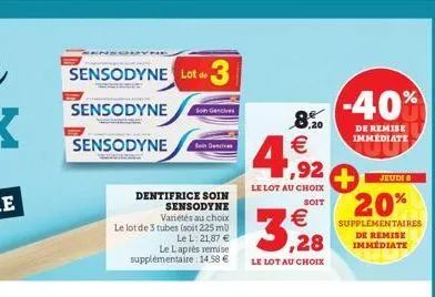 2  sensodyne lot de 3  sensodyne  sensodyne  dentifrice soin sensodyne variétés au choix  le lot de 3 tubes (soit 225 ml)  le l 21,87 €  soin gencives  bain des  le laprès remise supplémentaire : 14.5