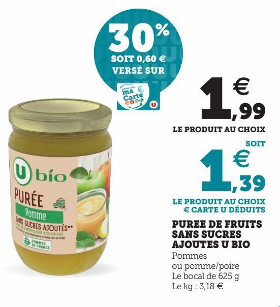 PUREE DE FRUITS SANS SUCRES AJOUTES U BIO 