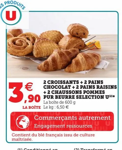 2 croissants + 2 pains chocolat + 2 pains raisins + 2 chaussons pommes pur beurre selection u(2)*