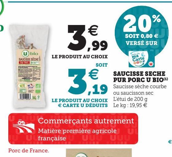 SAUCISSE SECHE PUR PORC U BIO(1)