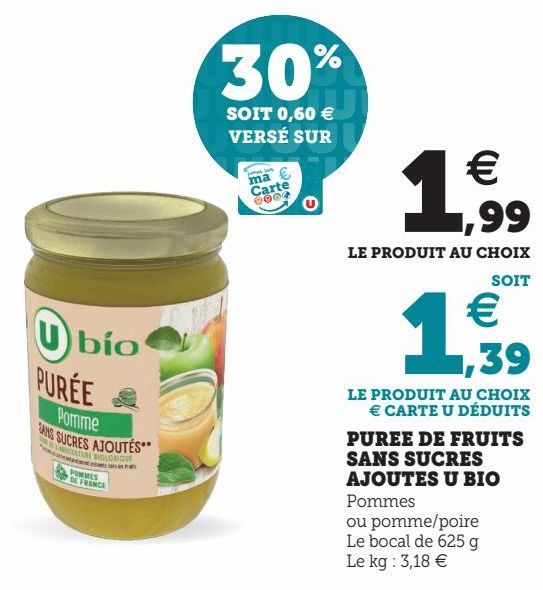 PUREE DE FRUITS SANS SUCRES AJOUTS U BIO