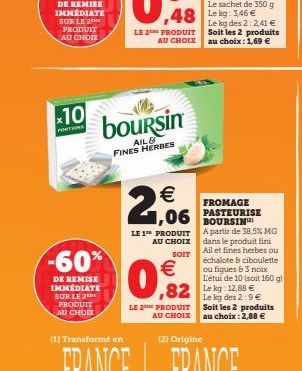 10  PORTIONS  -60%  DE REMISE IMMÉDIATE SUR LE 2 PRODUIT AU CHOIX  LE 2 PRODUIT AU CHOIX  boursin  AIL & FINES HERBES  2,06  €  48 Leg: 146 €  LE 1 PRODUIT AU CHOIX  SOIT  €  0,92  LE 2THE PRODUIT  AU