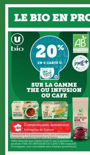 U  bío  O  Isica INFUSION  20%  EN € CARTE U  ma  Carte 8609  BRAS  Commerçants autrement  #1  Entreprise de France  UUU UU uuu.  Transformé en partenariat avec une entreprise francaise, soutient l'em