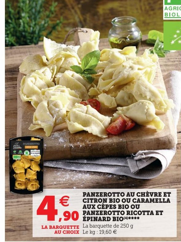 PANZEROTTO AU CHÈVRE ET CITRON BIO OU CARAMELLA AUX CÈPES BIO OU PANZEROTTO RICOTTA ET ÉPINARD BIO(4)****