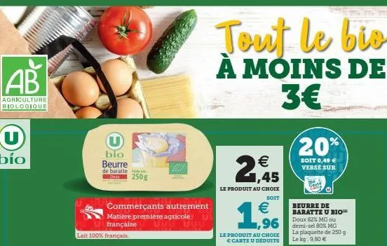 ab  agriculture biologique  bio beurre de baratte cir 250g  lait 100% français  commerçants autrement  matière première agricole française ubu u  tout le bie à moins de 3€  €  1,45  le produit au choi