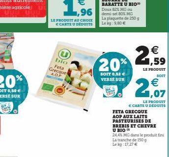 bio Feta Grecque A.Q.P  20%  SOIT 0,52 € VERSE SUR  € 1,59  LE PRODUIT  SOIT  € 1,07  LE PRODUIT  € CARTE U DÉDUITS  FETA GRECQUE AOP AUX LAITS PASTEURISES DE BREBIS ET CHEVRE U BIO  24,4% MG dans le 