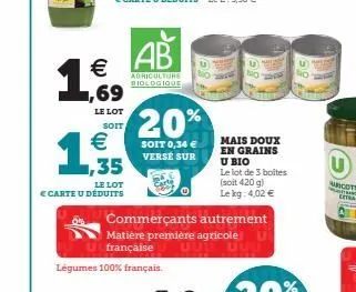 1  €  le lot  soit  € 35  le lot  e carte u déduits  ab  agriculture biologique  20%  soit 0,34 € verse sur  légumes 100% français.  commerçants autrement  matière première agricole française  mais do