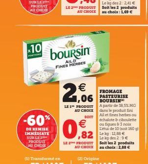 10  PORTIONS  -60%  DE REMISE IMMÉDIATE SUR LE 2 PRODUIT AU CHOIX  LE 2 PRODUIT AU CHOIX  boursin  AIL & FINES HERBES  €  2,06  LE 1 PRODUIT AU CHOIX  SOIT  €  0,92  LE 2THE PRODUIT  AU CHOIX  Le kg d