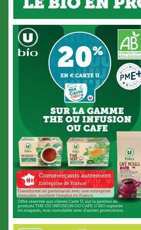 U  bío  O  Isics INFUSION  20%  EN € CARTE U  ma  Carte 8609  BIAS  Commerçants autrement  #91  Entreprise de France  UUU UU uuu.  Transformé en partenariat avec une entreprise francaise, soutient l'e