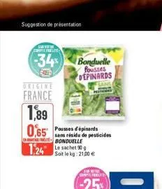 suggestion de présentation  survite conflite  -34%  france  1,89 0,65 possess  bonduelle fousses depinards  30  sans résidu de pesticides bonduelle  1,24 50  soit le kg: 21,00 €  tur mothe contefeelit