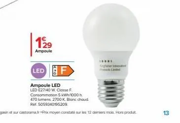 199  ampoule  led f  ampoule led  led e27/40 w. classe f consommation 5 kwh/1000h. 470 lumens. 2700 k. blanc chaud. ref. 5059340195209  ***** kherin pl  13 
