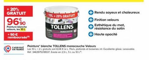 + 20% GRATUIT  9690  Peinture blanche velours, les 10 L + 50 € remboursés  BANC  10L + 20% GRATUIT  TOLLENS  MONOCOL  Peinture blanche TOLLENS monocouche Velours  EN FRANCE Les 10 L+2 L gratuits soit 