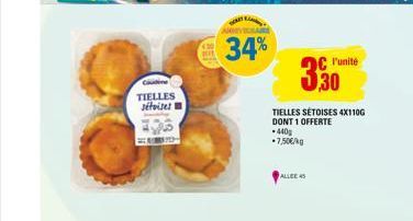 Cuine TIELLES sétoises  34%  TIELLES SÉTOISES 4X110G DONT 1 OFFERTE  440g *7,50€/kg  Cr'unité  ALLEE 45 