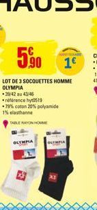 5,90 19  LOT DE 3 SOCQUETTES HOMME OLYMPIA *39/42 au 43/46  référence hy0519  -79% coton 20% polyamide 1% elasthanne  TABLE RAYON HOME 