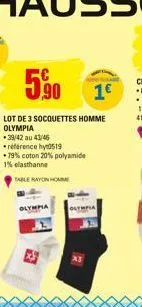 5,90 19  lot de 3 socquettes homme olympia *39/42 au 43/46  référence hy0519  -79% coton 20% polyamide 1% elasthanne  table rayon home 