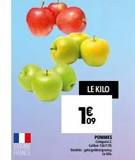 origine france  le kilo  €  09  pommes categorie 2. calibre 136/170.  varietés: gala/golden/granny. le kila. 