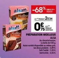 alsa!  moelleux  alsa -68%  moelleux  new  75  sur le 2  produit  le produit 2€34  0  produit  préparation moelleux  alsa  au chocolatinature.  la boite de 435 g.  autre varieté disponible au même pri