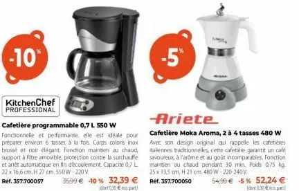 -10*  kitchen chef professional  cafetière programmable 0,7 l 550 w  fonctionnelle et performante, elle est idéale pour préparer environ 6 tasses à la fois. corps coloris inox brossé et noir élégant. 