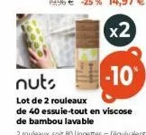 nuts  -10  lot de 2 rouleaux  de 40 essuie-tout en viscose de bambou lavable 