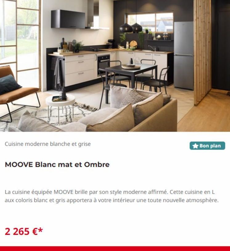 Cuisine moderne blanche et grise  MOOVE Blanc mat et Ombre  ★Bon plan  La cuisine équipée MOOVE brille par son style moderne affirmé. Cette cuisine en L aux coloris blanc et gris apportera à votre int