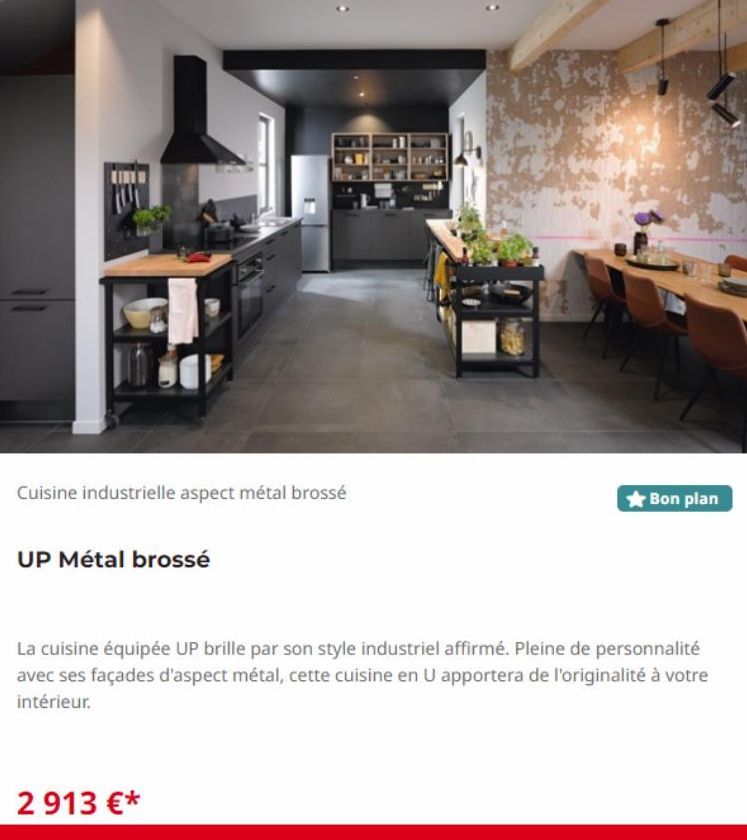 I  Cuisine industrielle aspect métal brossé  UP Métal brossé  ★Bon plan  La cuisine équipée UP brille par son style industriel affirmé. Pleine de personnalité avec ses façades d'aspect métal, cette cu