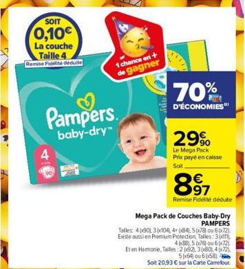 SOIT  0,10€  La couche Taille 4 Remise Fidélité déduite  4  Pampers.  baby-dry™  1 chance en +  de gagner  pray  70%  D'ÉCONOMIES  29%  Le Mega Pack Prix payé en caisse  Soit  00  € 97  Remise Fidelit