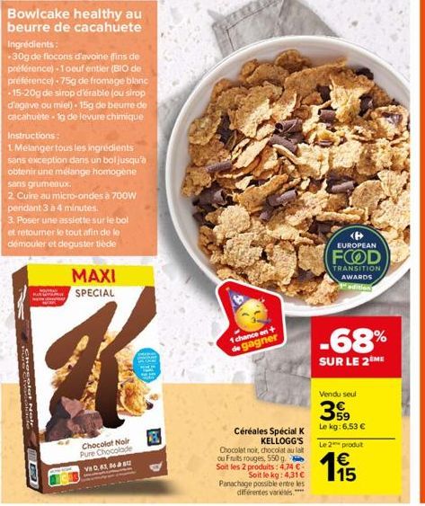 Chocolat Noir  Bowlcake healthy au beurre de cacahuete Ingrédients:  *30g de flocons d'avoine (fins de préférence)-1 oeuf entier (BIO de préférence)-75g de fromage blanc -15-20g de sirop d'érable (ou 