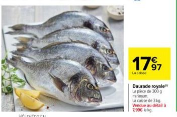 17⁹7  97  La caisse  Daurade royale La pièce de 300 g minimum. La caisse de 3 kg Vendue au détail à 7,99€ le kg. 