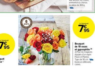 6  jours  Le bouquet  95  Bouquet de 19 roses et gypsophile 2) Pour les magasins équipés d'un rayon Fleurs et Plantes. Tiges de 50 cm  Existe en différents coloris. 