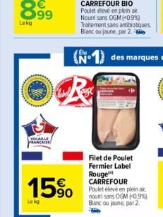 VOLAILLE FRANCAISE  15%  Le kg  Filet de Poulet Fermier Label Rouge CARREFOUR Poulet élevé en plein air, nouri sans OGM (0,9%) Blanc ou loune, par 2. 