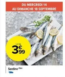 du mercredi 14  au dimanche 18 septembre  le kg  399  sardine 