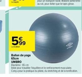 63  99  Lebalion  Ballon de yoga 65cm  UMBRO  Diamètre: 65 cm  Idéal pour travailler équilibre et le renforcement musculaire Conçu pour la pratique du pilate, du stretching et de la tonification.  O 