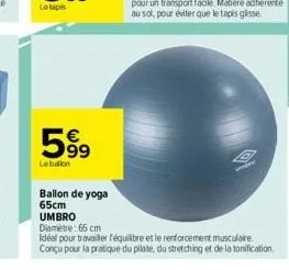 63  99  lebalion  ballon de yoga 65cm  umbro  diamètre: 65 cm  idéal pour travailler équilibre et le renforcement musculaire conçu pour la pratique du pilate, du stretching et de la tonification.  o 