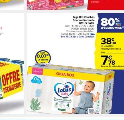 OFFRE  DECOUVERTE  SOIT  0,07€  La couche Cape Fitted  NOUVEA  0%  MAIE  Lovenes  GIGA BOX  Lotus Baby Draceur Naturelle  Giga Box Couches Douceur Naturelle LOTUS BABY  Talles: 4x (1), 2(x135), 3(x129