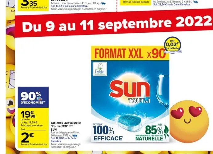 n  ..  remise fidélité déduite  90%  d'économies™  1998  la boite le kg: 12,69 € prix payé en caisse soit  tablettes lave vaisselle "format xxl" sun  tout en 1 dassique ou citron,  90 lavages, 1,575 k