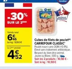 -30%  sur le 2 me  vendu seul  6%  le kg: 12.92 €  le 2 produt  452  volaille française  cubes de filets de poulet carrefour classic poulet nourri sans ogm (0.9%) élevé sans traitement antibiotique. r