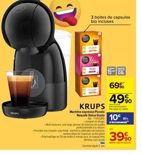 Gusto  KRUPS  pake  CAM  MI  Dolce Guds  cocon  Doce  Girab  3 boites de capsules bio incluses  PERU  KRUPS  Machine expresso Piccolo  Nescafé Dolce Gusto  professionnelle à la maison  • Fonction eau 